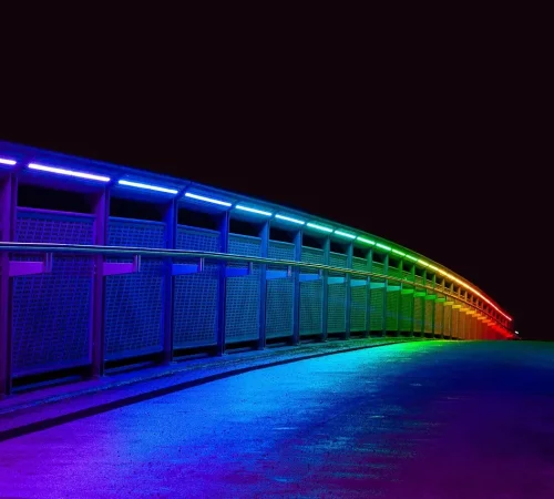 bridge, illuminated, multicoloured, night, architecture, building, reflection, reflections, lighting, led, led, led, led, led, led