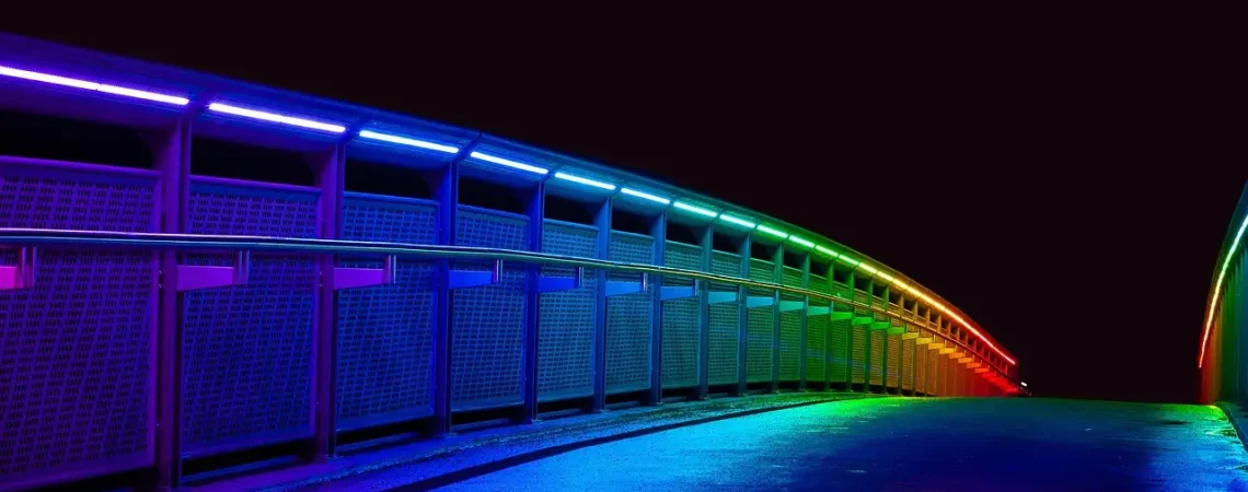 bridge, illuminated, multicoloured, night, architecture, building, reflection, reflections, lighting, led, led, led, led, led, led